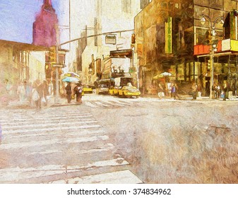 An Original Photograph Of A Busy Manhattan Street Corner Transformed Into A Colorful Painting 