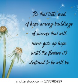 Original quote Be that little seed of hope among buildings of success that will never give up hope until the flowers it's destined to be will be on a blue background with an image of 2 seeded flowers - Powered by Shutterstock