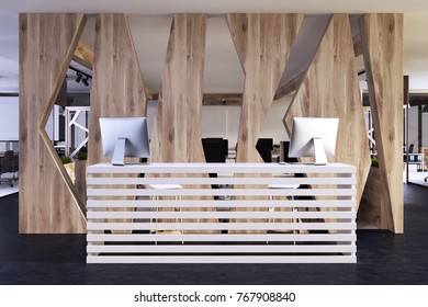 Original reception table with computers on it standing in an office lobby with wooden walls and a concrete floor. 3d rendering