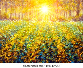 Original sunny oil painting background, beautiful sun rays in forest field Modern Impressionism artwork on canvas. Impasto illustration Spring art.