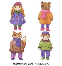 Original watercolor doll  Set and cartoon girl  boy  bear   fox  Nice illustration for for book  stickers logo  business card postcard 