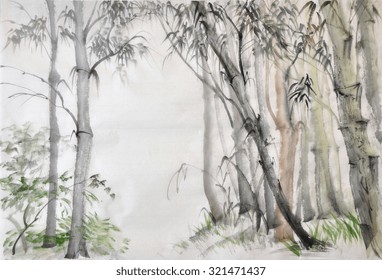 Original watercolor painting of bamboo forest on rice paper.