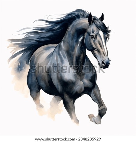 Original watercolor painting of a black running horse isolated on white background.
