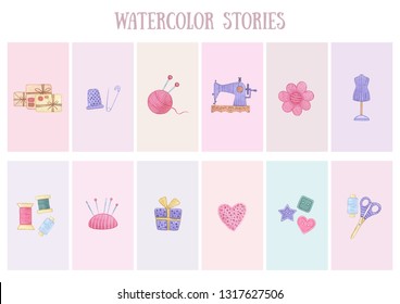 Original Watercolor Stories. Picture With Cartoon Illustration. Good Illustration For Instagram, Book, Sticker, Logo, Business Card Or Postcard. Template, Instagram, Card, History, Handmade.
