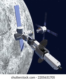 The Orion Spacecraft  Arrives At The Gateway Station In Orbit Of The Moon In Illustration And Rendering 3d