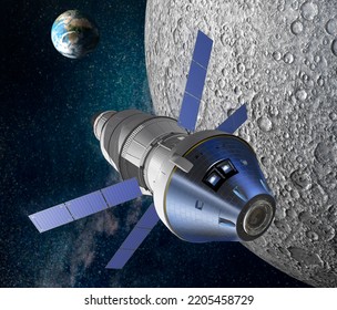 The Orion Spacecraft Arrives In Orbit Of The Moon In Illustration And Rendering 3d