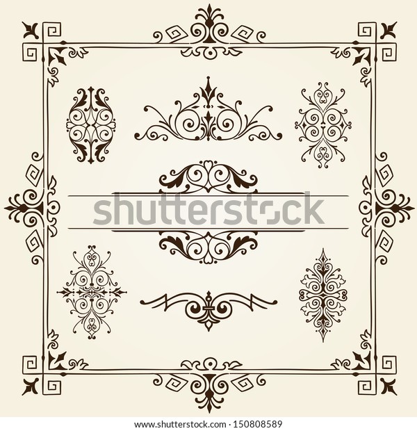 Ornament design elements with a collection of\
elegant intricate filigree frames, borders, corners and cartouches\
in classical vintage\
style