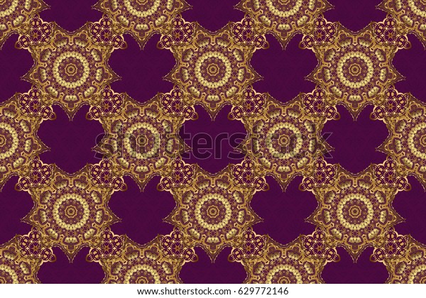 Ornament design template. Ornamental floral\
vignette for wedding invitations, business card, certificate, logo\
template. Raster circle golden grid and elements on purple\
background.