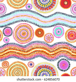 Ornament With Dots, Circles And Waves. Tribal Art In Australian Aboriginal Style. Seamless Pattern. Hand Painting