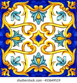  ornament on Italian tiles, majolica, cyan, outline, seamless