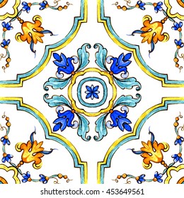  ornament on Italian tiles, majolica, cyan, outline, seamless