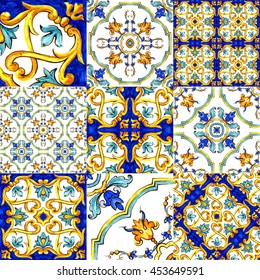  ornament on Italian tiles, majolica, cyan, outline, seamless 