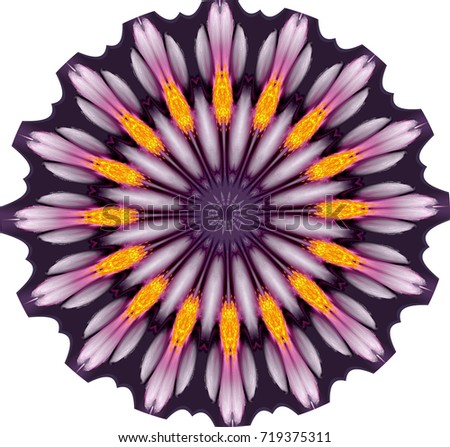 Ornament on a white background. Technically modified, abstract pattern./Fancy circular pattern with a ribbed edge in a combination of shades of purple, gray, white, pink, orange and other colors.