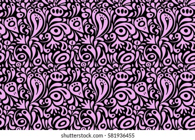Ornamental border in pink colors on a black background. Seamless damask pattern, classic wallpaper, background.