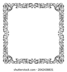 An Ornamental Filigree Heraldry Leaf Pattern Floral Scroll Border Vintage Style Frame Design