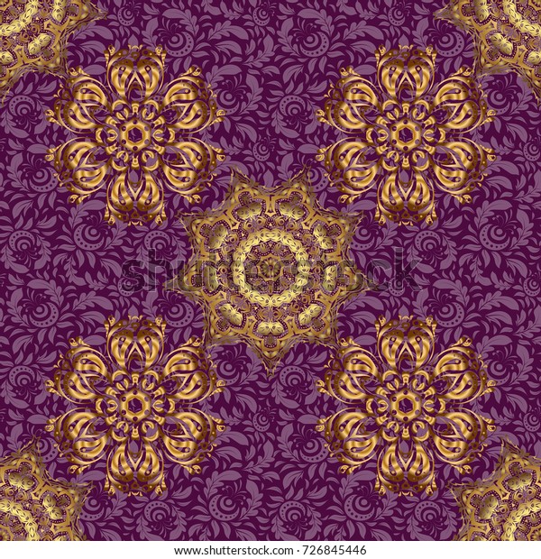 Ornamental\
floral vignette for wedding invitations, business card,\
certificate, logo template. Circle golden grid and elements on\
purple background. Ornament design\
template.