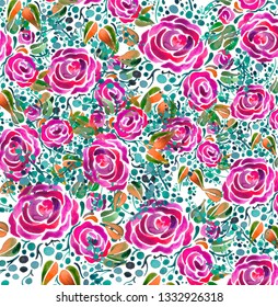 Ornamental pattern of pink watercolor roses with leaves and blue berries on a white background
