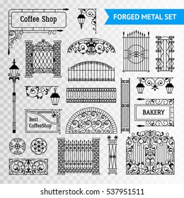 Ornamented iron castings steel forged fences elements set with gates railing and vintage shop signs black  illustration 