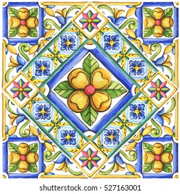 ornaments on the tiles, watercolor, spain, italy, Majolica, floral ornament