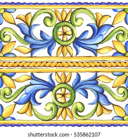ornaments on the tiles, watercolor, spain, italy, Majolica, floral ornament