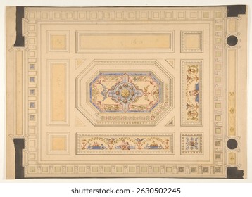 Ornate ceiling design with patterns, floral motifs, and geometric shapes. Detailed artwork, elegant ceiling, artistic design. Vintage illustration by Jules Lachaise and Eugene Pierre Gourdet.