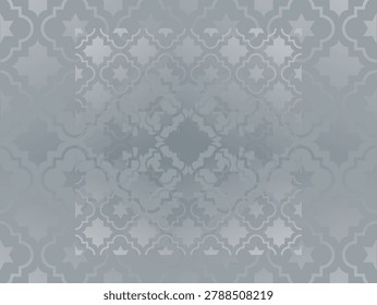 Ornate geometric pattern with interlocking star and cross shapes, typical of Islamic art and architecture. Monochromatic in light gray, the design features repeating symmetrical motifs with layered depth, creating a three-dimensional illusion. The smooth texture and subtle gradient enhance the visual intricacy, suggesting elegance and cultural richness.
