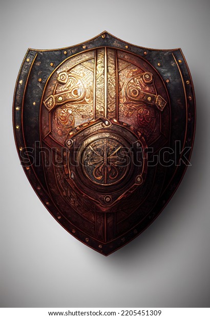 Ornate\
medieval buckler shield with ornaments and patterns. Metal\
historical battle shield for fighting, iron metal, realistic Middle\
Ages historic design in this digital art\
concept