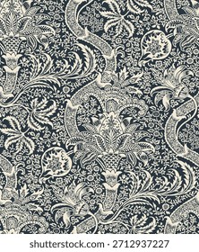 Ornate two-tone damask pattern featuring stylized floral palmettes and swirling vines