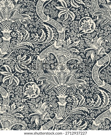 Ornate two-tone damask pattern featuring stylized floral palmettes and swirling vines