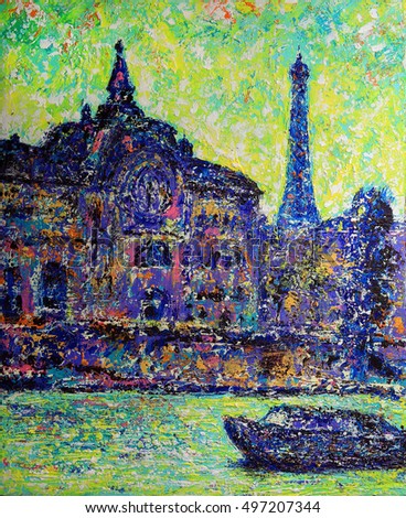 Orsay Museum and Eiffel tower on the original art painting