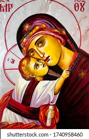 Orthodox Icon Of The Virgin Mary With The Child Jesus. Canvas, Oil.