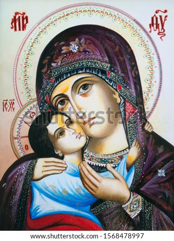 Orthodox Icon of the Virgin Mary with the Child Jesus. Canvas, oil.