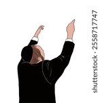 Orthodox Jewish man wearing kippah with side lock with his hands up during the celebration ink sketch isolated on white background.