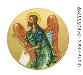 Orthodox traditional image of John Baptist. Golden Christian medallion in Byzantine style on white background