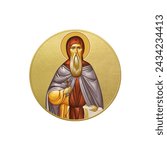 Orthodox traditional image of Saint Joanikije of Devic. Golden Christian medallion in Byzantine style on white background