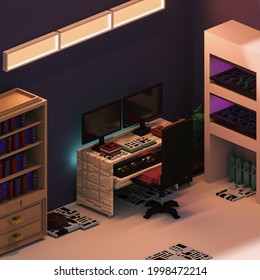 Orthogonal 3D Voxel Art Of A Warmly Lit Room With Purple Wallpapers, White Floor, Books All Around And A Computer Desk Is Focused On 