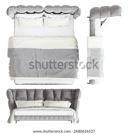 Orthographic camera bed 3D rendering stock illustration on white background, top view, side view and front view.