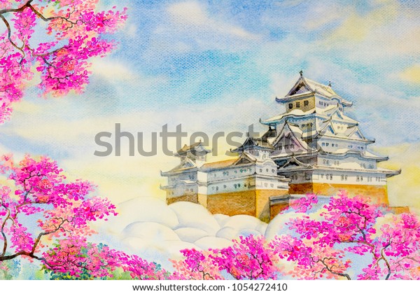 大阪城さくら 春の桜とユネスコの世界遺産のメインタワー 日本の白鷺城とも呼ばれる姫路城 水彩画の横向きイラスト のイラスト素材