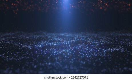 An oscillating surface of blue particles at the bottom, small yellow particles flying over it, orange particles hanging at the top, a beam of blue light in the center. 3D render.