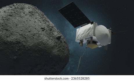OSIRIS-REx Spacecraft collected samples from asteroid Bennu 101955, and returned to Earth. 3d rendering science illustration. Elements of this image furnished by NASA.