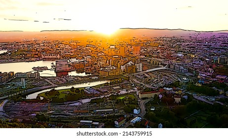 Oslo, Norway. The Central Part Of The City. Sunset Time. Bright Cartoon Style Illustration. Aerial View