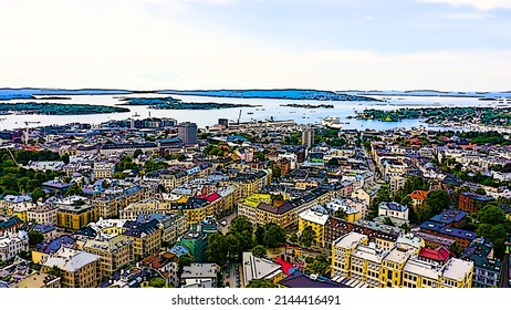 Oslo, Norway. View Of The City And Oslo Fjord. Bright Cartoon Style Illustration. Aerial View