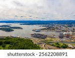 Oslo, Norway. Watercolor illustration. Oslo Fjord from the air