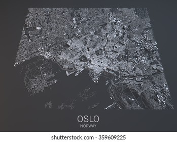 Oslo, Satellite View, Map, City, Norway. 