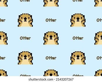 Otter cartoon character seamless pattern on blue background.Pixel style