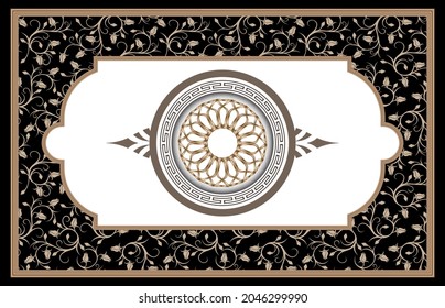 Ottoman and Turkish motifs for stretch ceiling decoration. tulip pattern on black background. 3d decorative golden round ornament and frame.