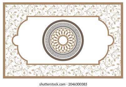 Ottoman And Turkish Motifs For Stretch Ceiling Decoration. Tulip Pattern On White Background. 3d Decorative Golden Round Ornament And Frame.