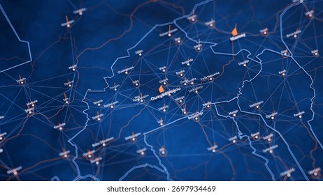 Ouagadougou map big data visualization. Futuristic map infographic of city in Burkina Faso. Visual map data complexity in modern blue and orange colors. 3D Illustration