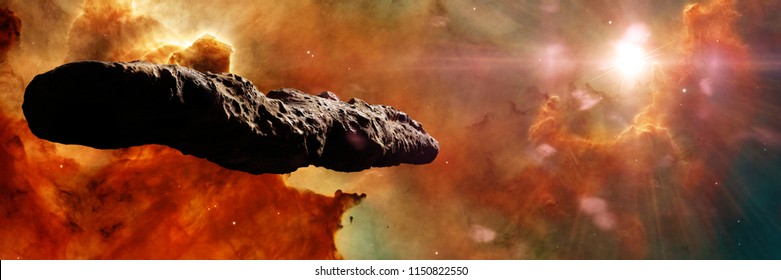 Oumuamua Comet, Interstellar Object  Passing Through The Solar System, Unusual Shaped Asteroid (3d Space Illustration Banner)