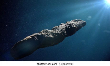 Oumuamua Comet, Interstellar Object  Passing Through The Solar System, Unusual Shaped Asteroid (3d Space Rendering)